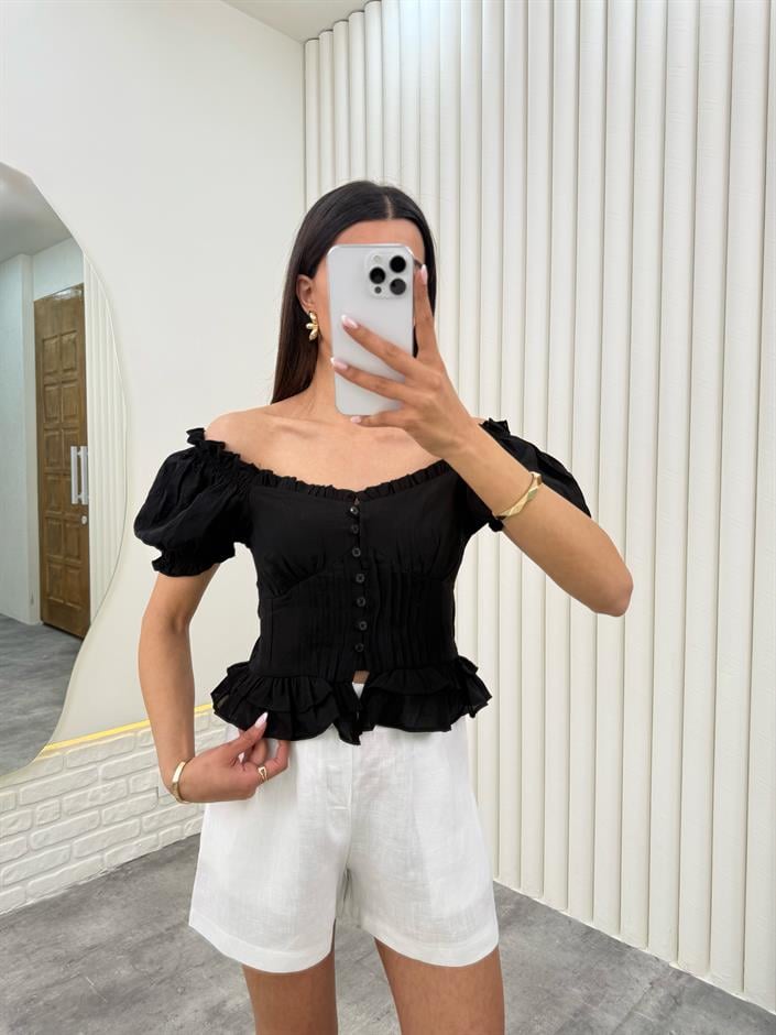 Siyah  Balon Kol Önü Düğmeli Fırfırlı Tensel Crop Bluz Gaus00279