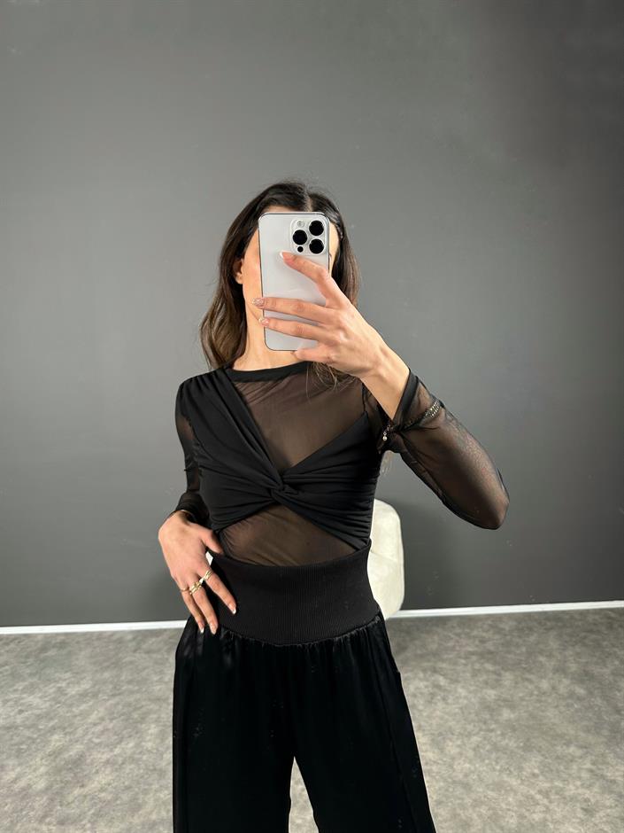 Siyah Transparan Tül Bluz 