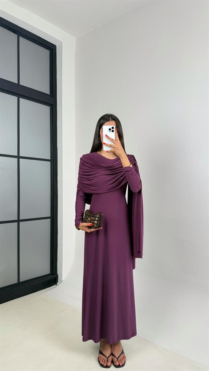 Mürdüm Pelerin Detaylı Sandy Kumaş Tasarım Elbise Gaus00692