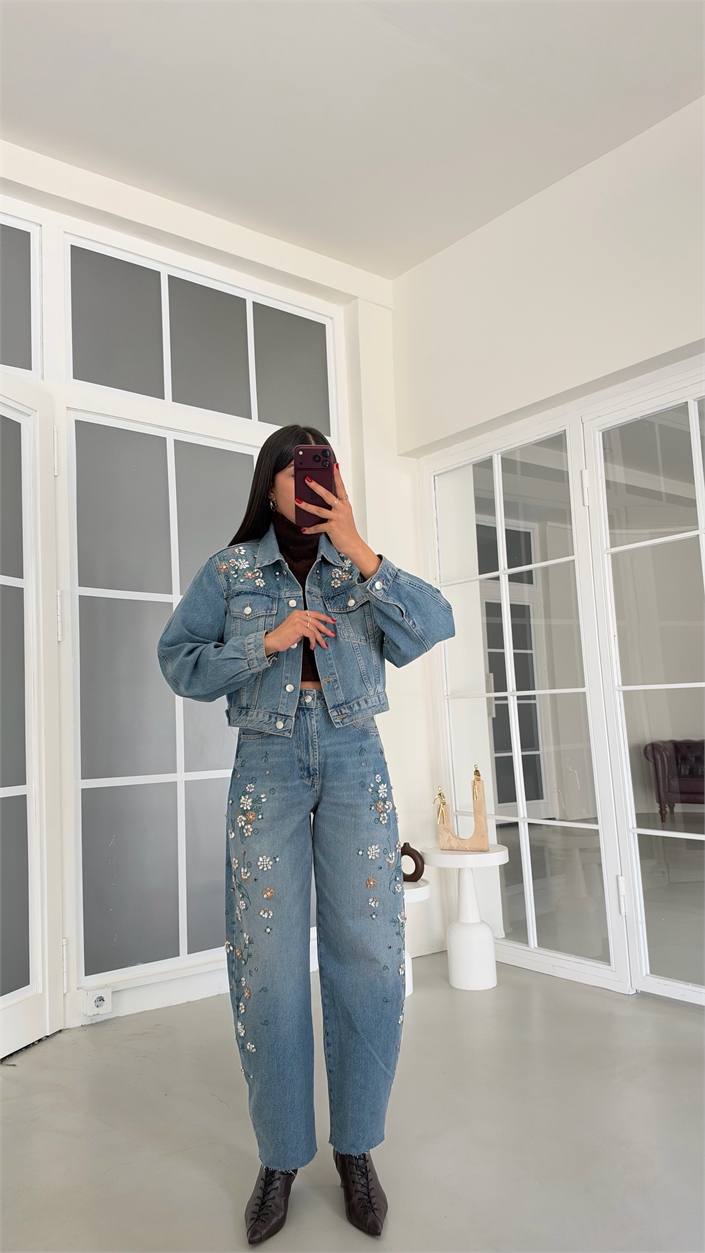 Mavi Taş İşlemeli İkili Denim Takım GAUS-02192
