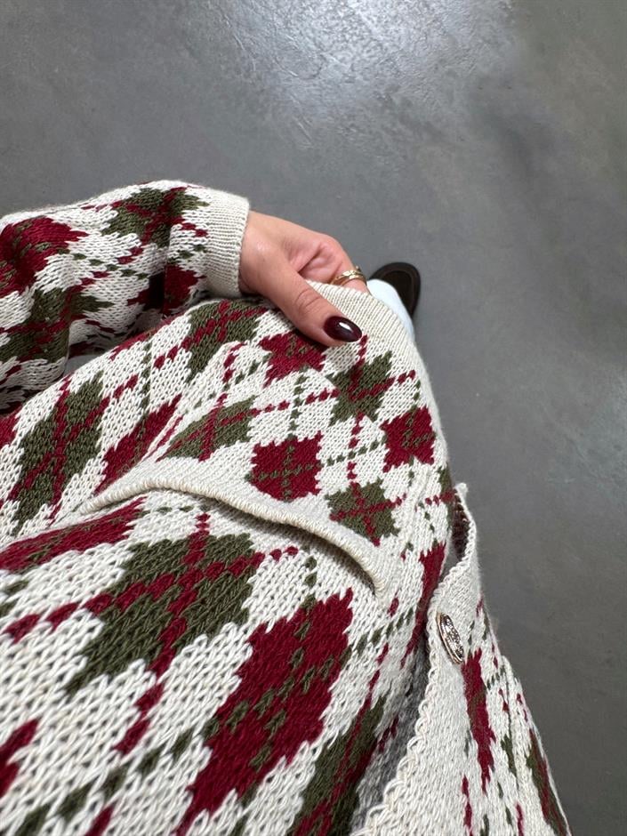 Garcia Krem Bordo Baklava Desenli Hırka