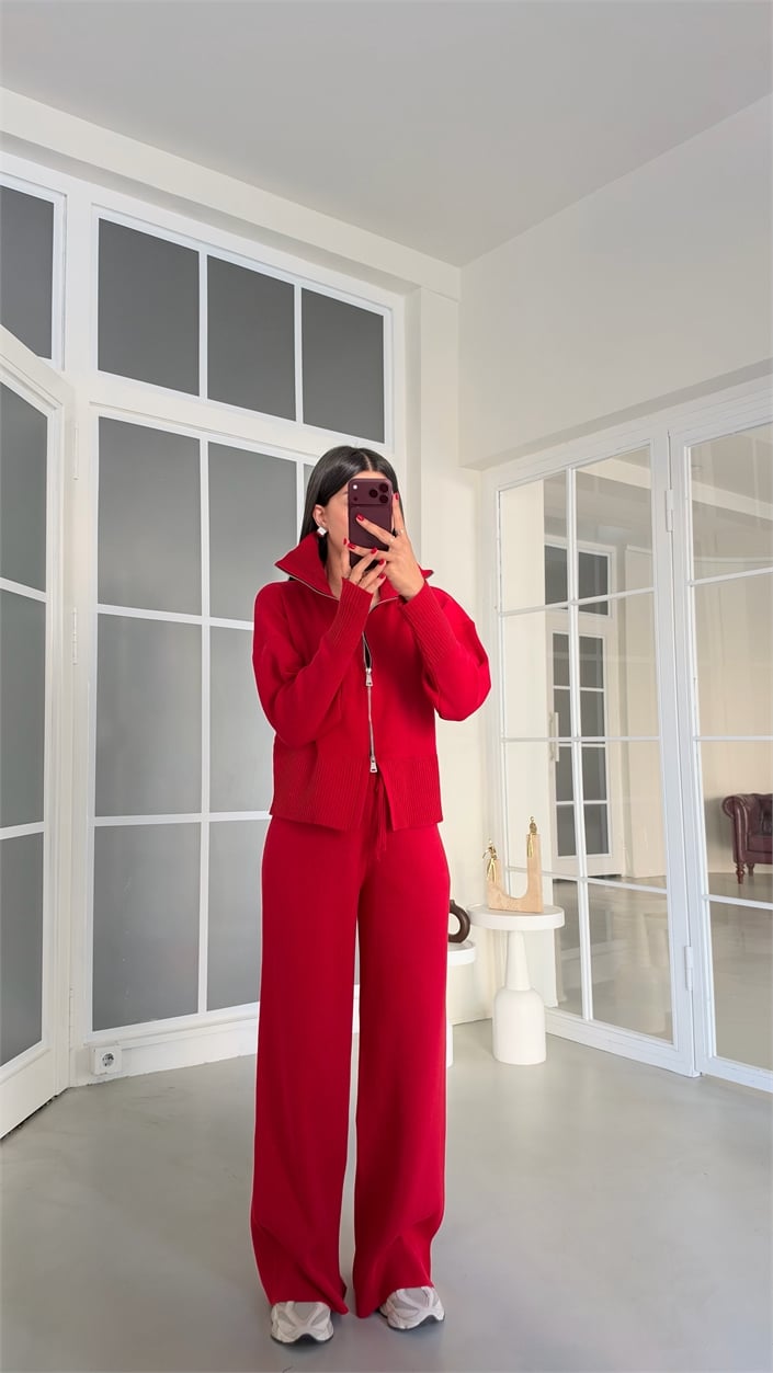 Kırmızı Çift Fermuarlı Hırka Beli Lastikli Pantolon İkili Triko Takım GAUS-02169