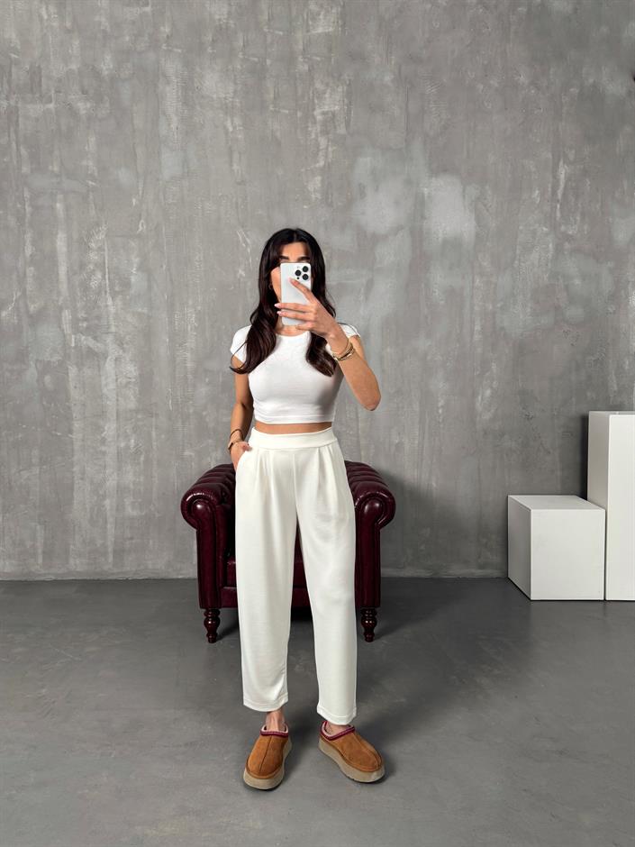 Weld Ekru Arkası Lastikli Cepli Harem Pantolon