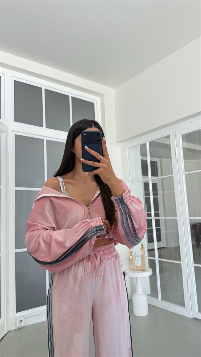 Pembe Şerit Detaylı Hırka Beli Lastikli Pantolon İkili Kadife Takım GAUS-02197