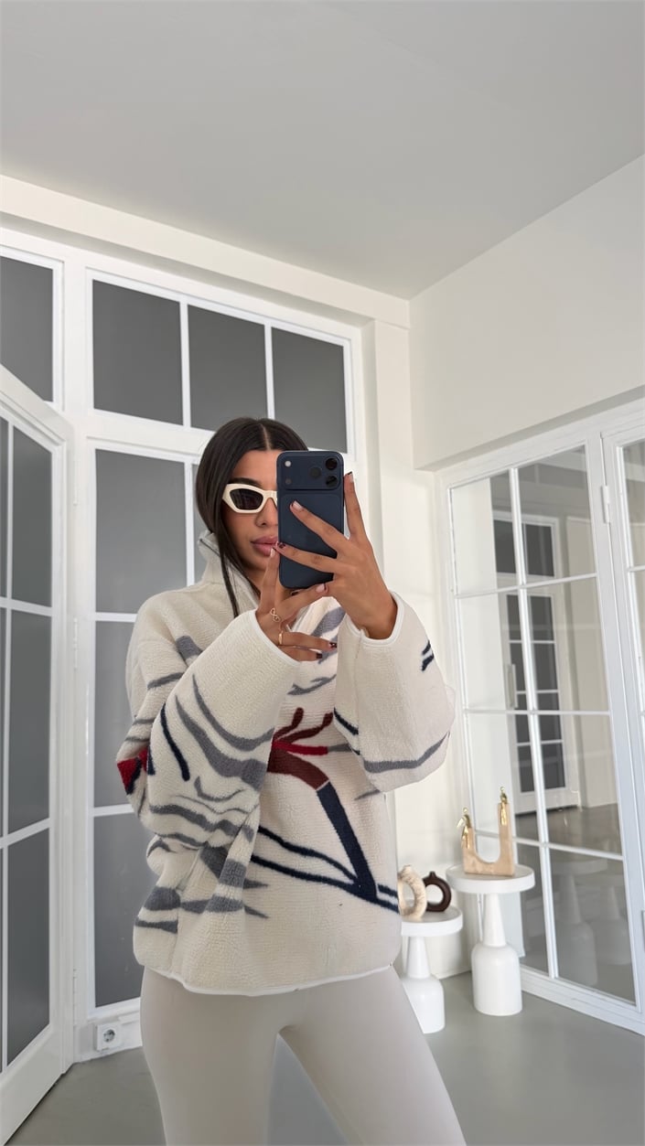 Ekru Kızak Desenli Yarım Fermuarlı Polar Sweatshirt GAUS-01916 GAUS-01931