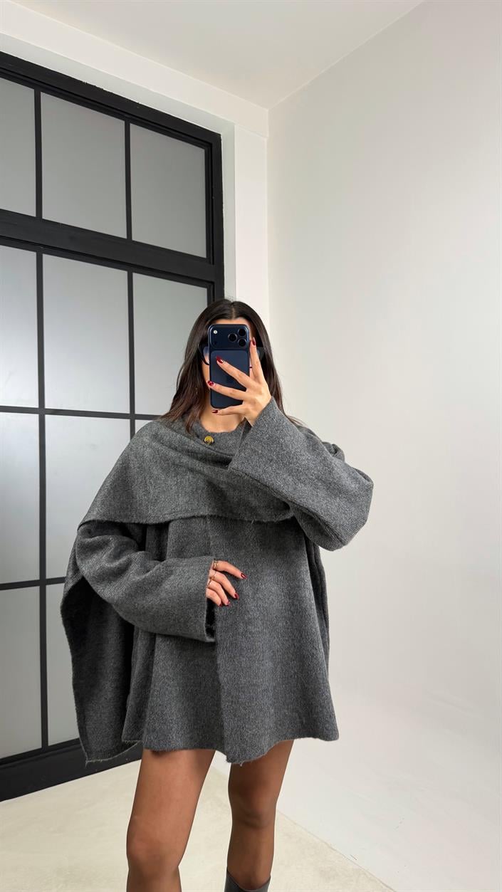 Gri Şal Detaylı Triko Kazak GAUS-00774