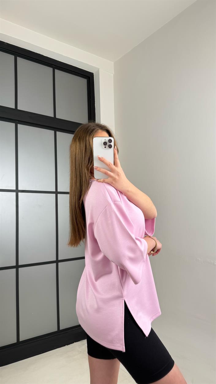 Pembe Basic Yırtmaç Detaylı Modal Tshirt GAUS-01060