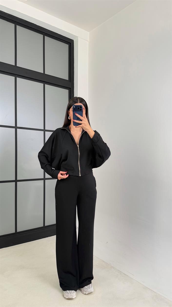 Siyah Fermuarlı Hırka Beli Lastikli Pantolon Modal Takım GAUS-00665