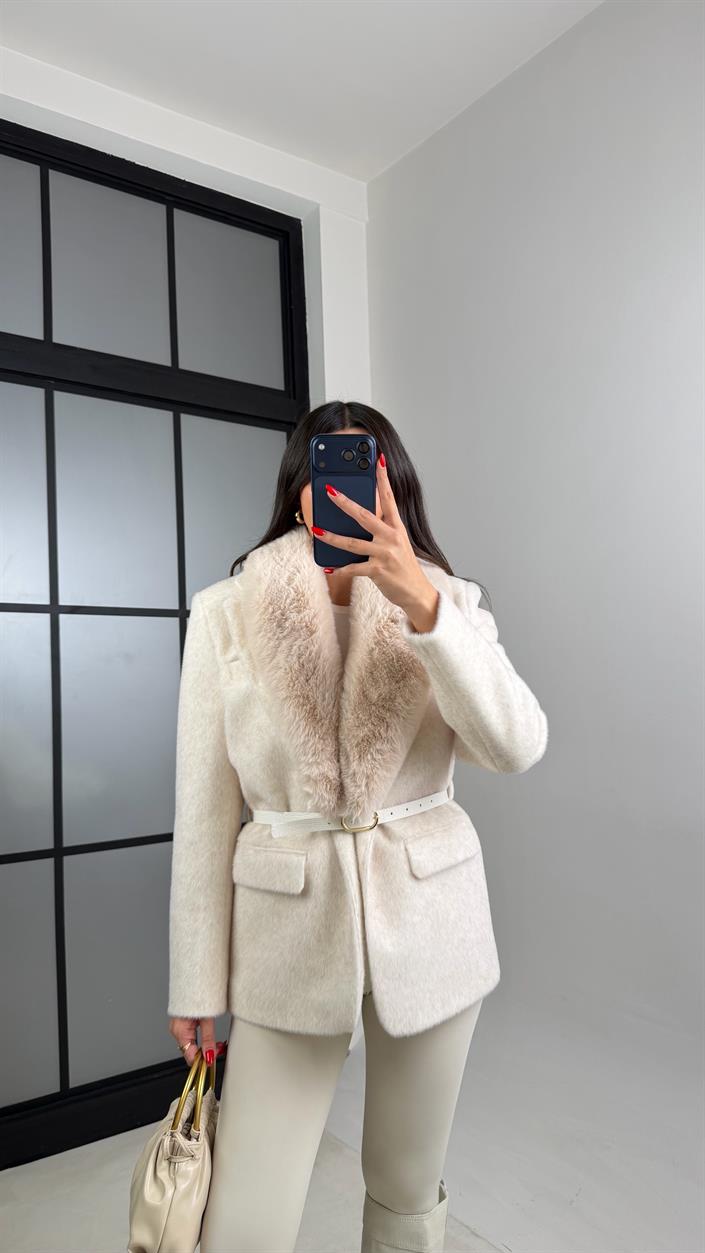 Taş Astarlı Kemerli Premium Kürk Ceket GAUS-00936