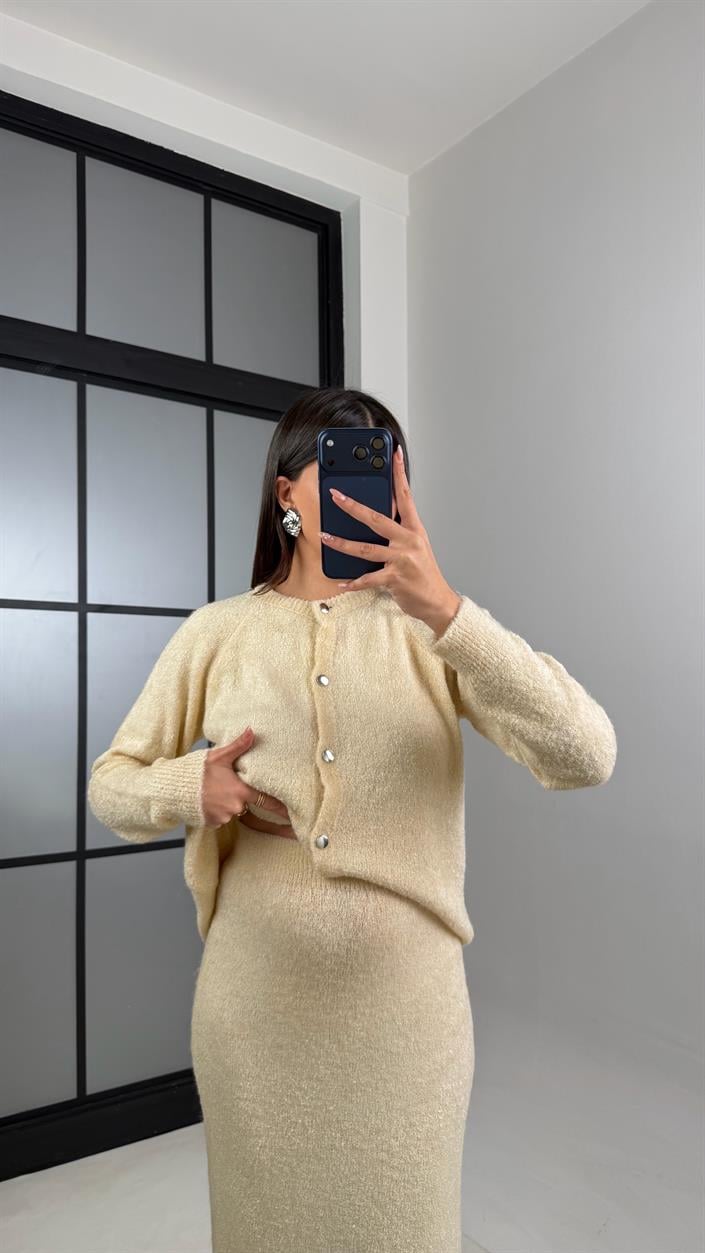 Bej Hırka Beli Lastikli Etek Triko takım GAUS-00853