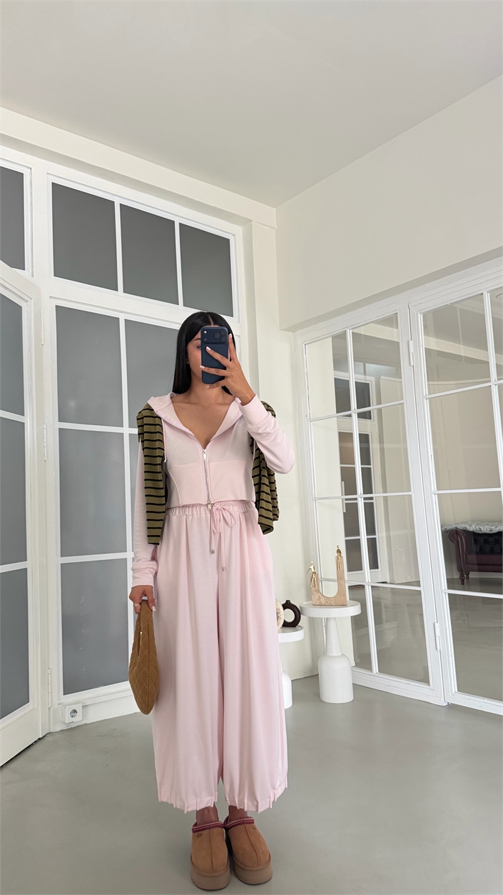 Pembe Kapüşonlu Hırka Beli Lastikli Geniş Paça Pantolon İkili OYS Modal Kumaş Takım GAUS-02152