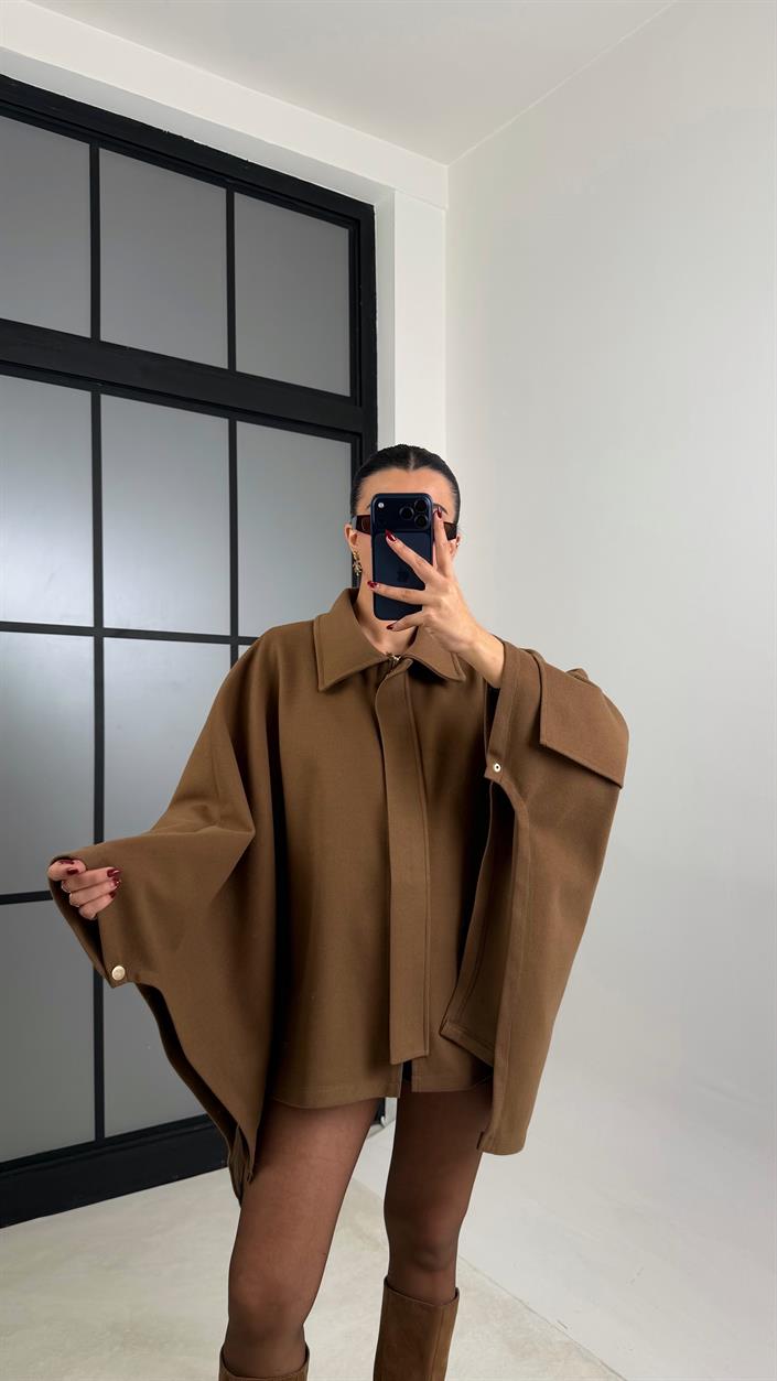 Kahve Yarasa Kol Fermuarlı Panço GAUS-00766