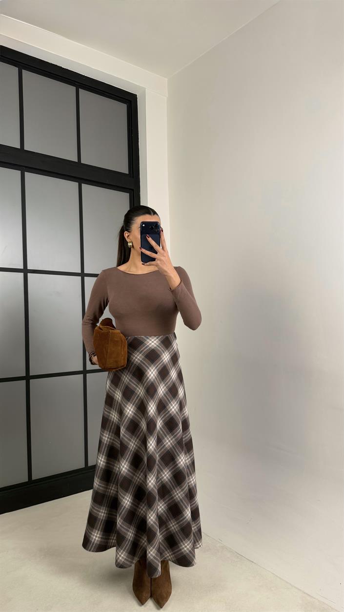 Kahve Ekose Desenli Etek GAUS-00768