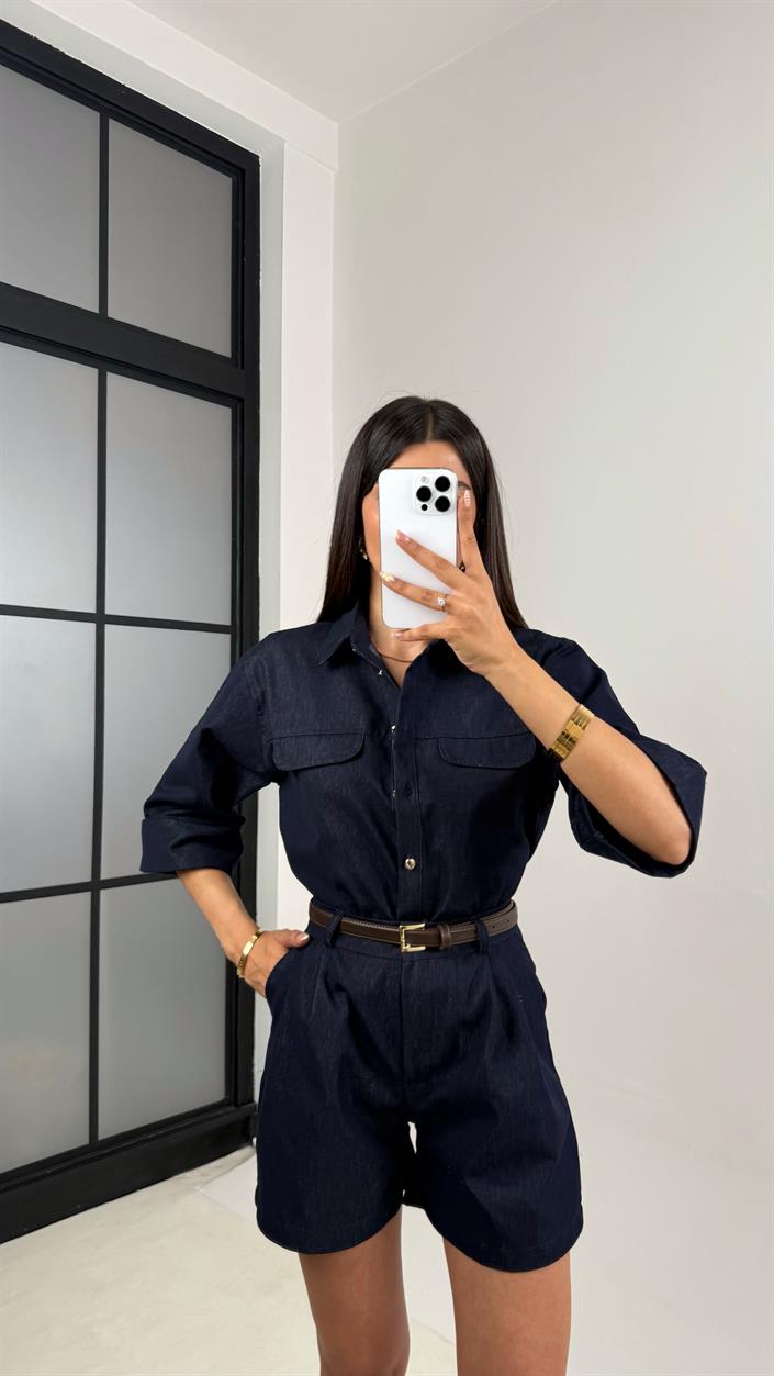 Lacivert Cep Detaylı Gömlek Kemerli Şort İkili Denim Takım Gaus00643