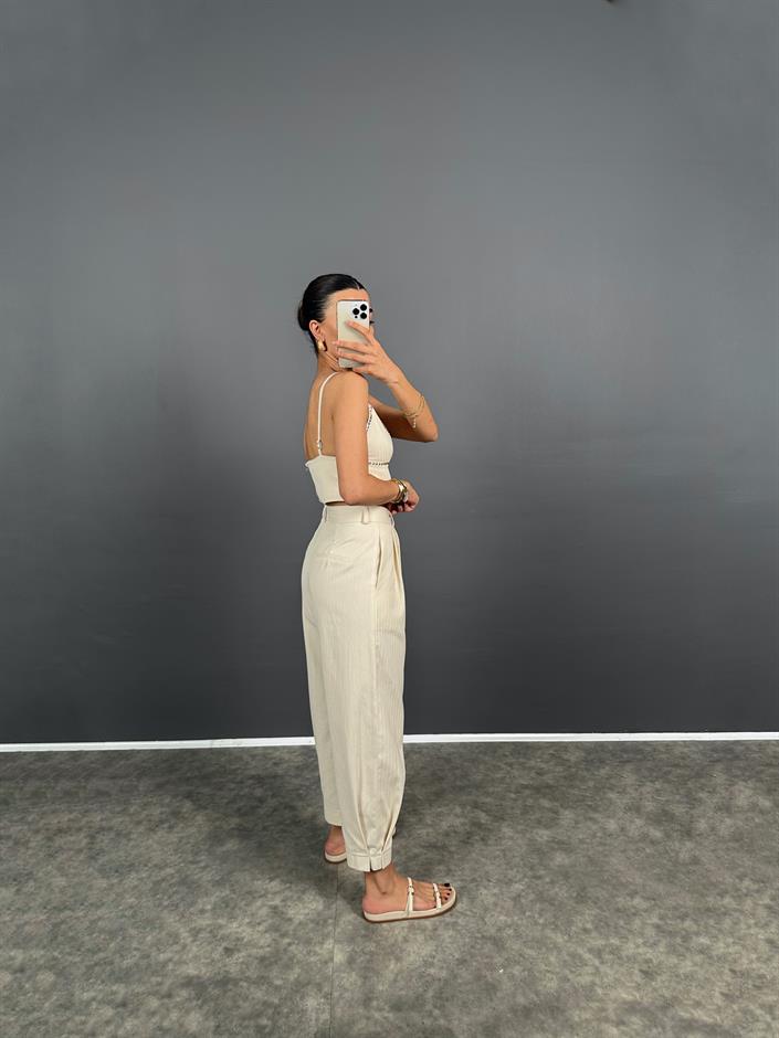 Disy Krem Gabardin Dokuma Paça Detaylı Pantolon