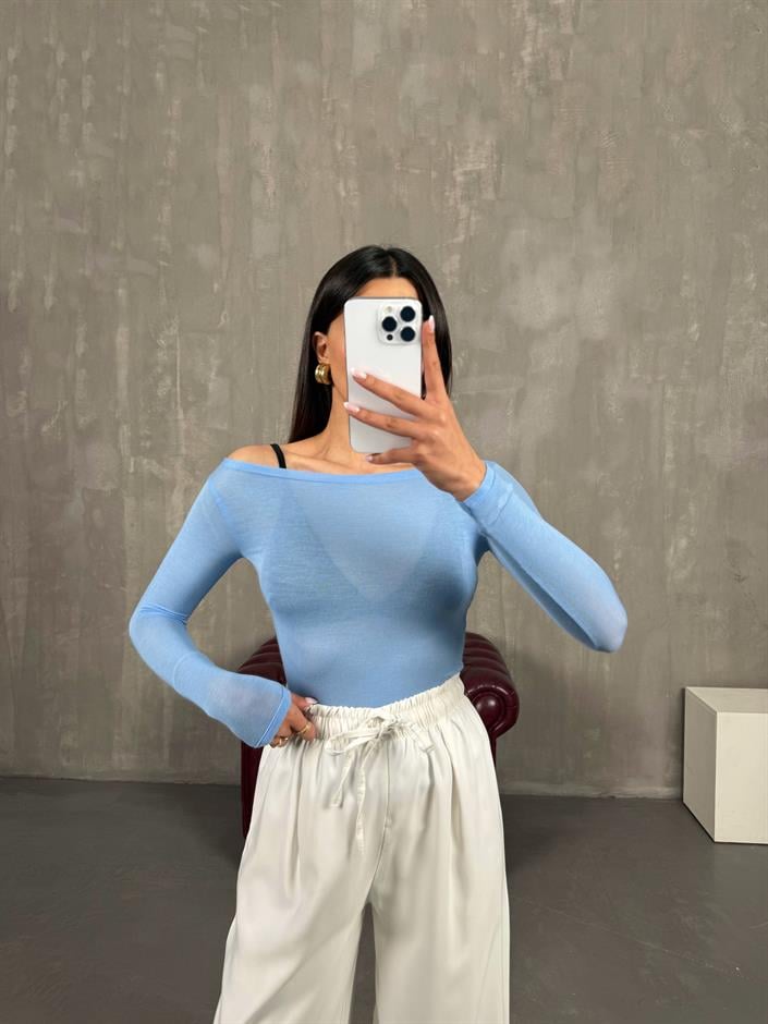 Mavi Transparan Kaşmir Dokulu Bluz Gaus00272