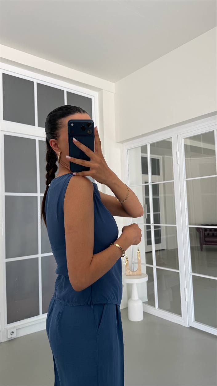Koyu Mavi Gold Toka Detaylı Bluz Pantolon İkili Tencel Takım GAUS-01825