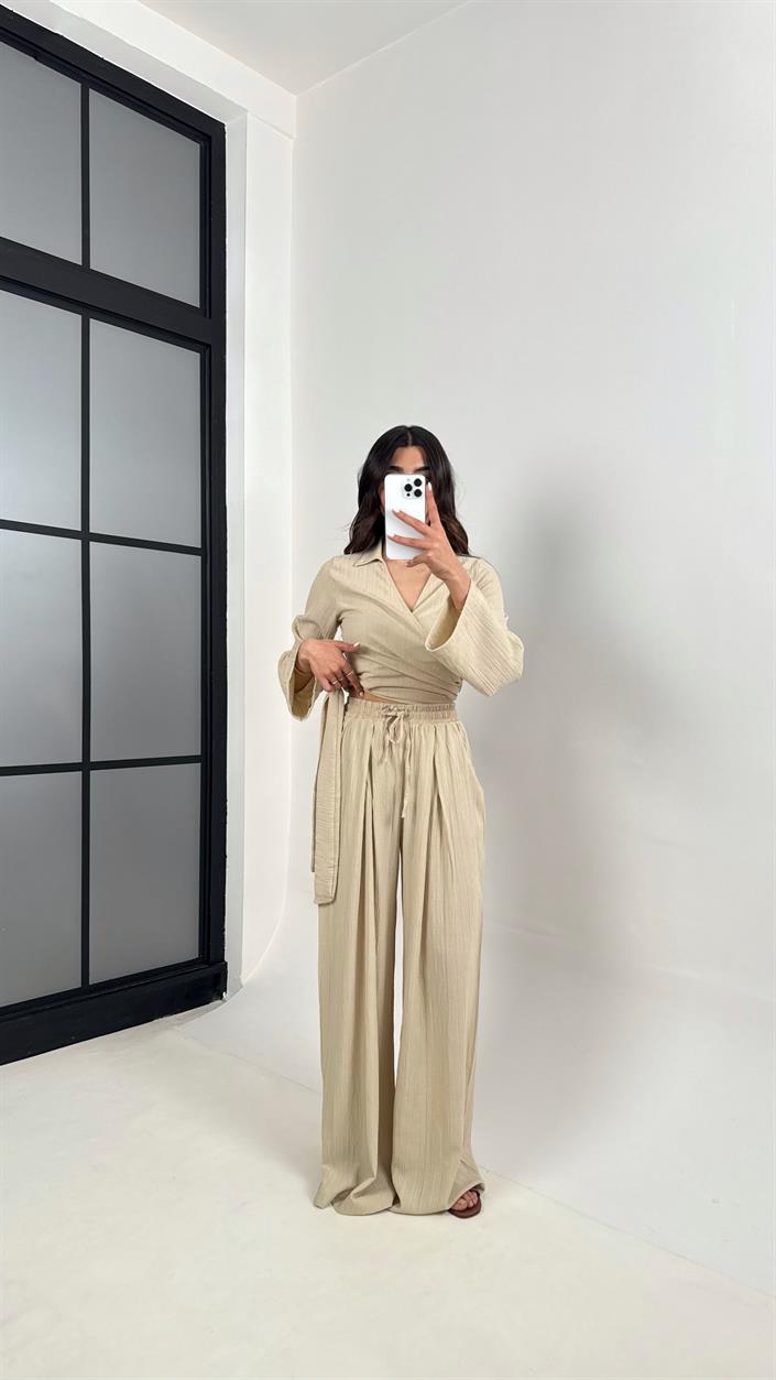 Taş Bağlamalı Üst Beli Lastikli Pantolon Gofre Takım Gaus00389 
