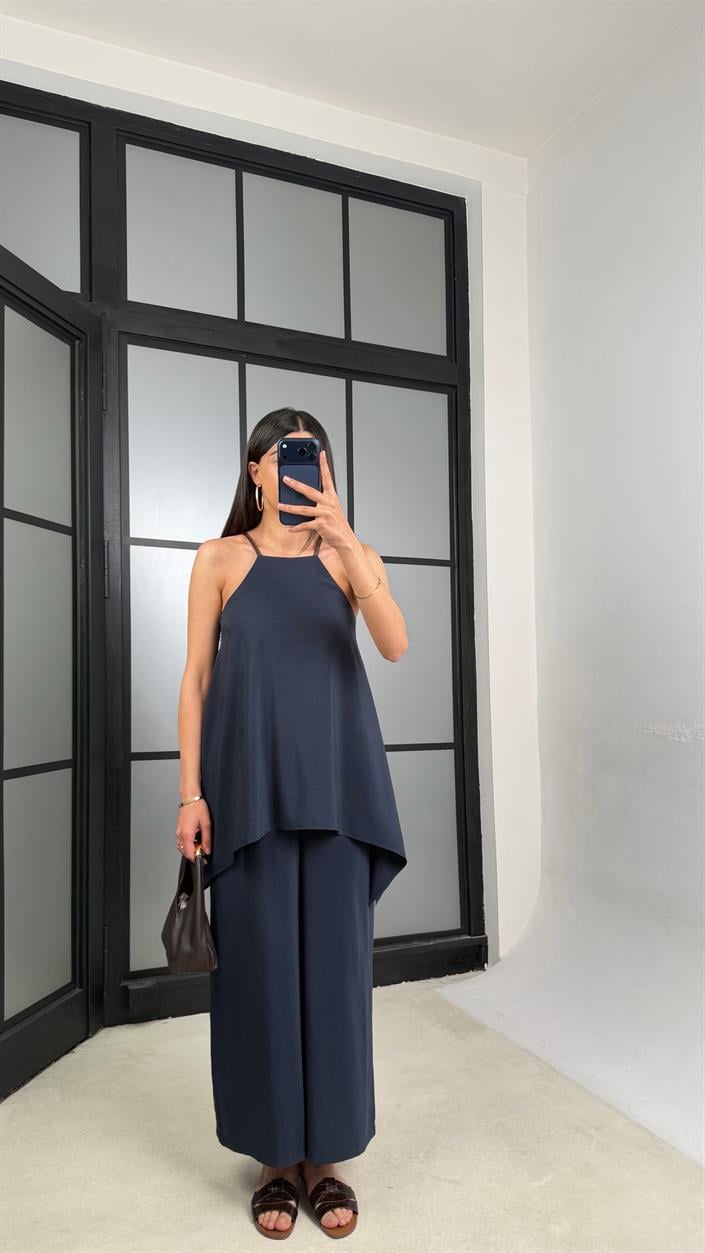 Lacivert Örgü Askılı Tencel Tulum GAUS-01436