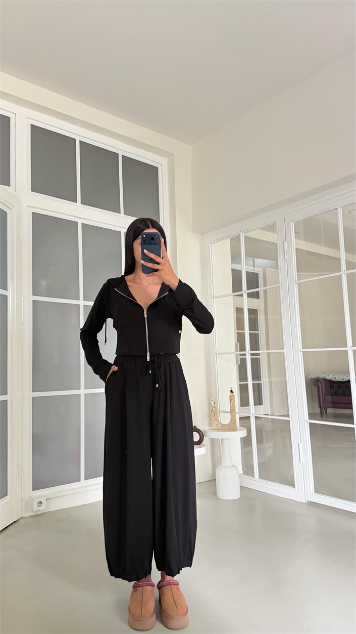 Siyah Kapüşonlu Hırka Beli Lastikli Geniş Paça Pantolon İkili OYS Modal Kumaş Takım GAUS-02152