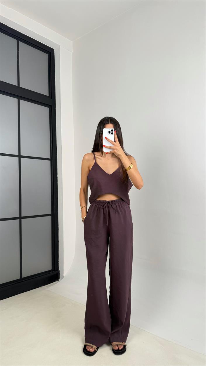 Mürdüm Ayarlanabilir Askılı Bluz Beli Lastikli Pantolon Tencel Takım GAUS-0015