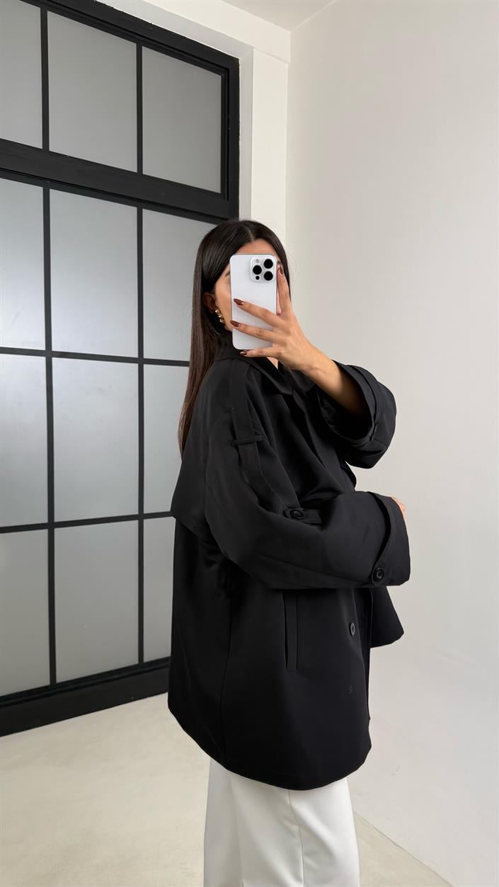 Siyah Astarlı Cep Detaylı Kuşaklı Kısa Trençkot GAUS-00192