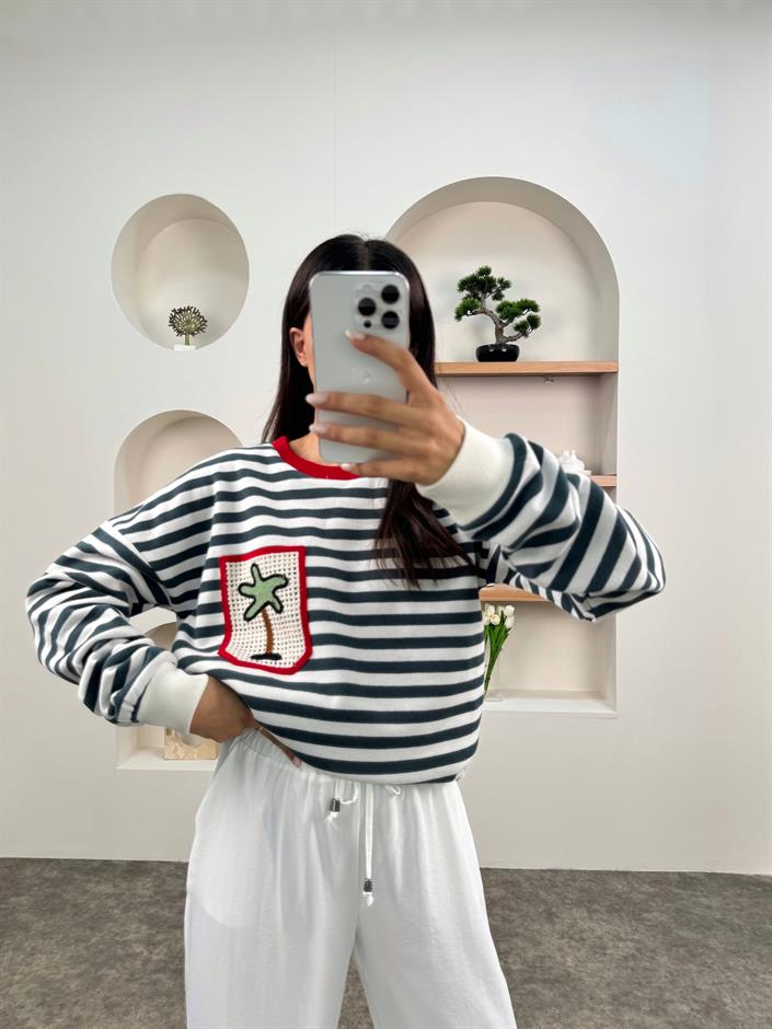 SHG Çizgili Cep İşleme Detaylı Bisiklet Yaka Sweatshirt