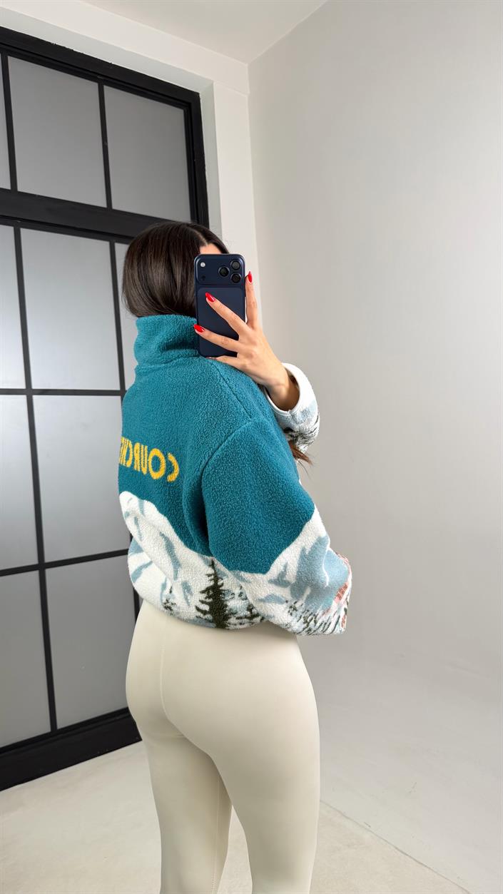 Turkuaz Fermuarlı Desenli Polar Sweatshirt GAUS-00924