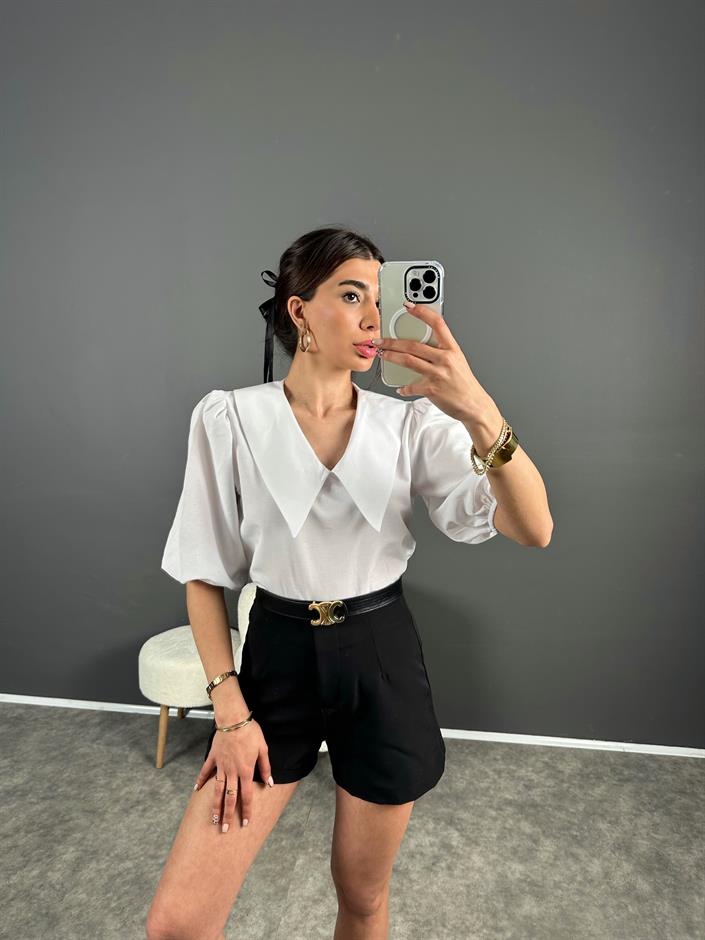 Misu Beyaz Bebe Yaka Balon Kol Bluz