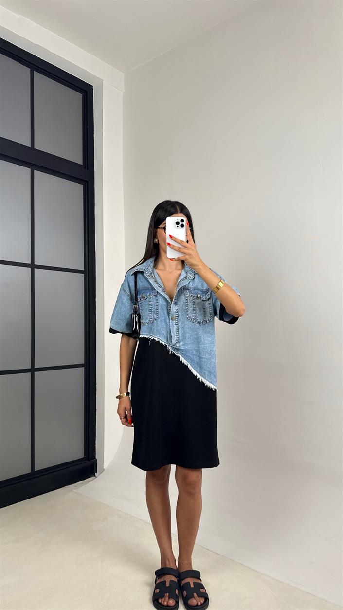 Siyah Önü Düğmeli Denim Üst Bloklu Elbise GAUS-0038