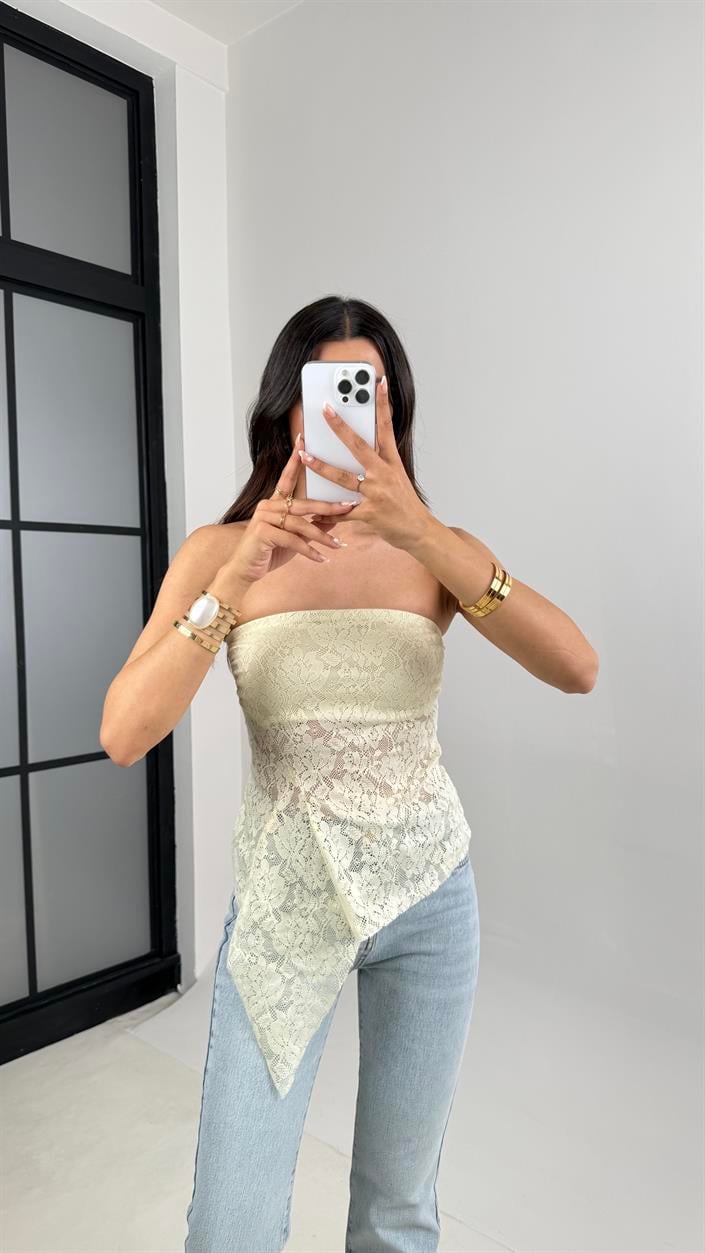 Sarı Straplez Dantelli Asimetrik Kesim Bluz Gaus00629