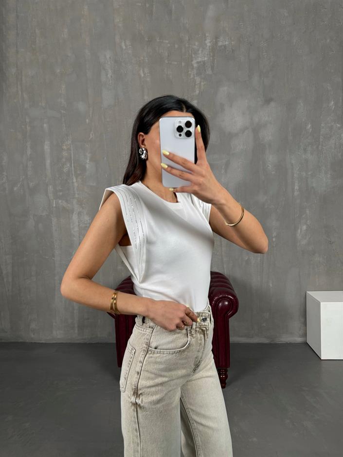 Beyaz Kolu Taşlı Basic Tshirt Gaus00111