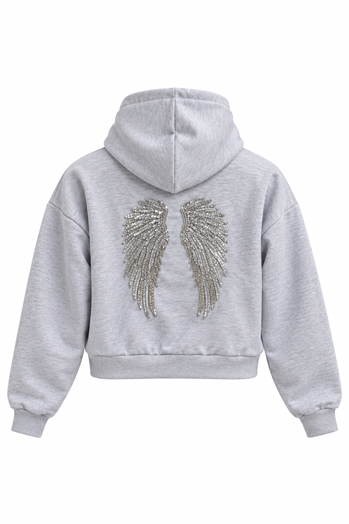 Gri Kanat İşlemeli Kapüşonlu Sweatshirt GAUS-02052