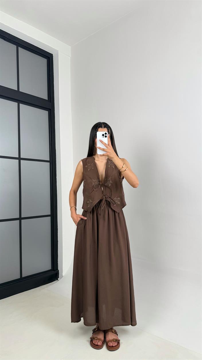 Kahve Önü Bağlamalı Nakışlı Yelek Beli Lastikli Etek Tencel Takım Gaus00556