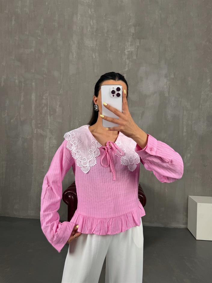 Pembe Yaka Fisto İşlemeli Pinterest Gömlek Gaus00108
