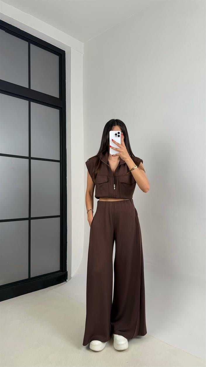 Acı Kahve Cepli Yelek Beli Lastikli Pantolon Modal Eşofman Takım Gaus00523