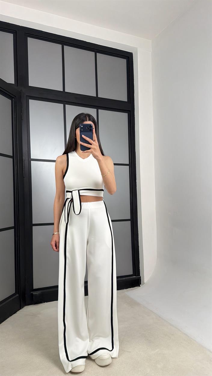 Beyaz Bağlama Detaylı Bluz Beli Lastikli Pantolon Biyeli Modal Takım GAUS-01473