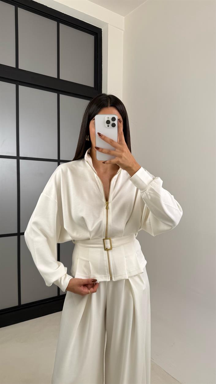 Beyaz Kemer Detaylı Hırka Beli Lastikli Geniş Paça Pantolon Modal Takım GAUS-00188