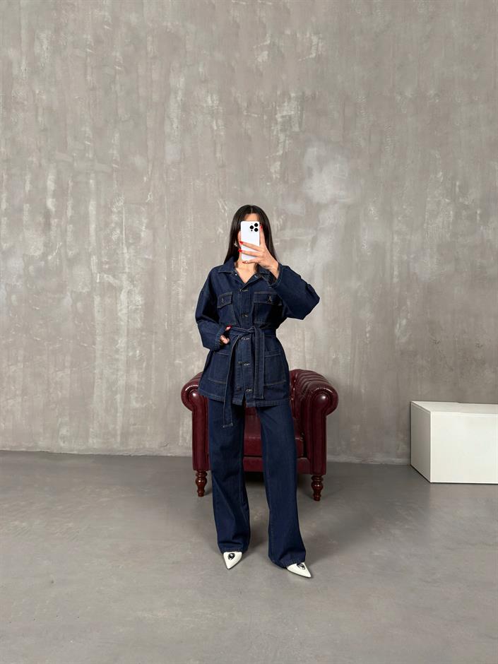 Lovato Lacivert Düğmeli Cep Detaylı Kuşaklı Denim Takım 