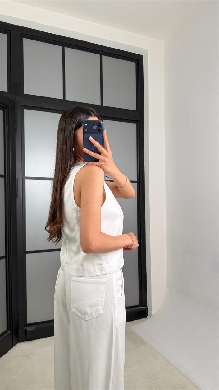 Beyaz Fermuarlı Bluz Beli Kuşaklı Pantolon İkili Denim Takım GAUS-01379 GAUS-01512