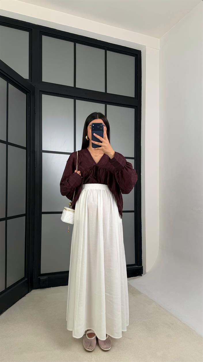 Beyaz Beli Lastikli Cepli Tencel Etek GAUS-01203
