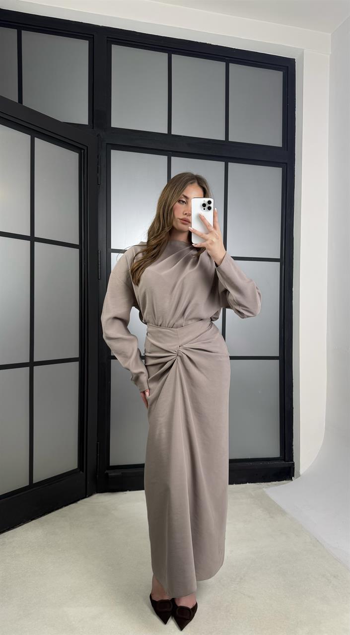 Vizon Drape Detaylı Etek Bluz Tencel Takım GAUS-01176