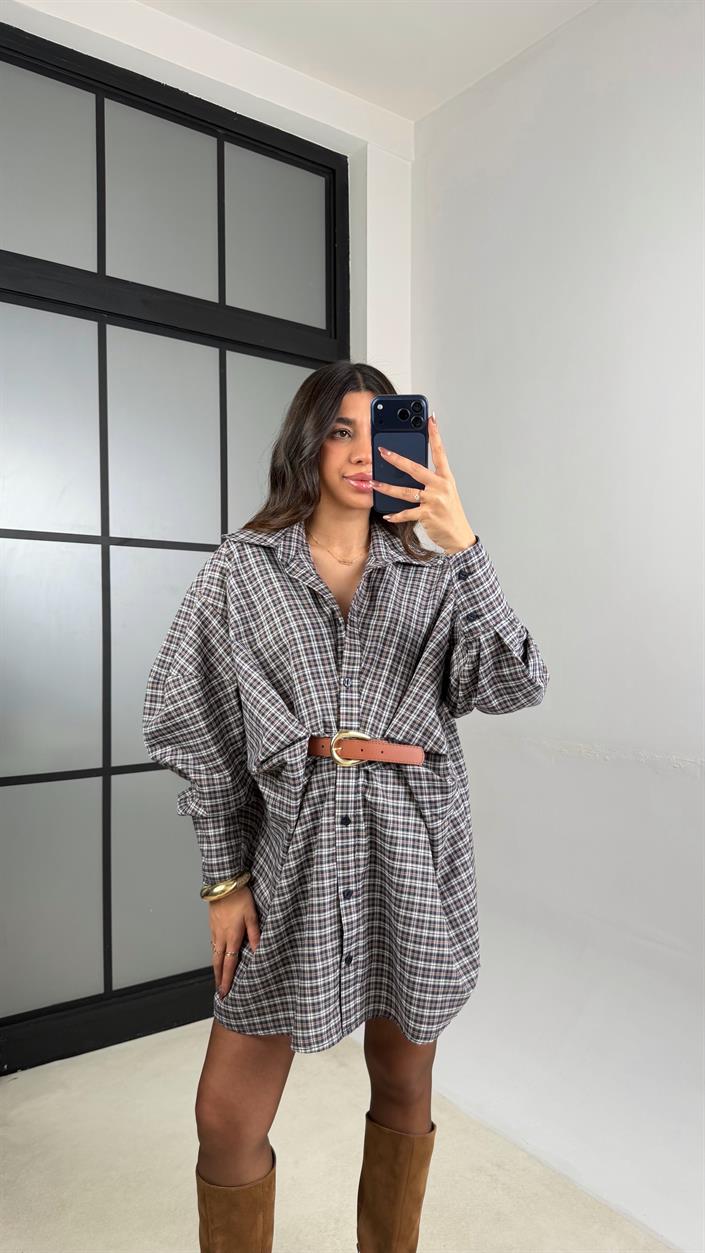 Kahve Ekose Desenli Kemerli Tasarım Elbise GAUS-01162