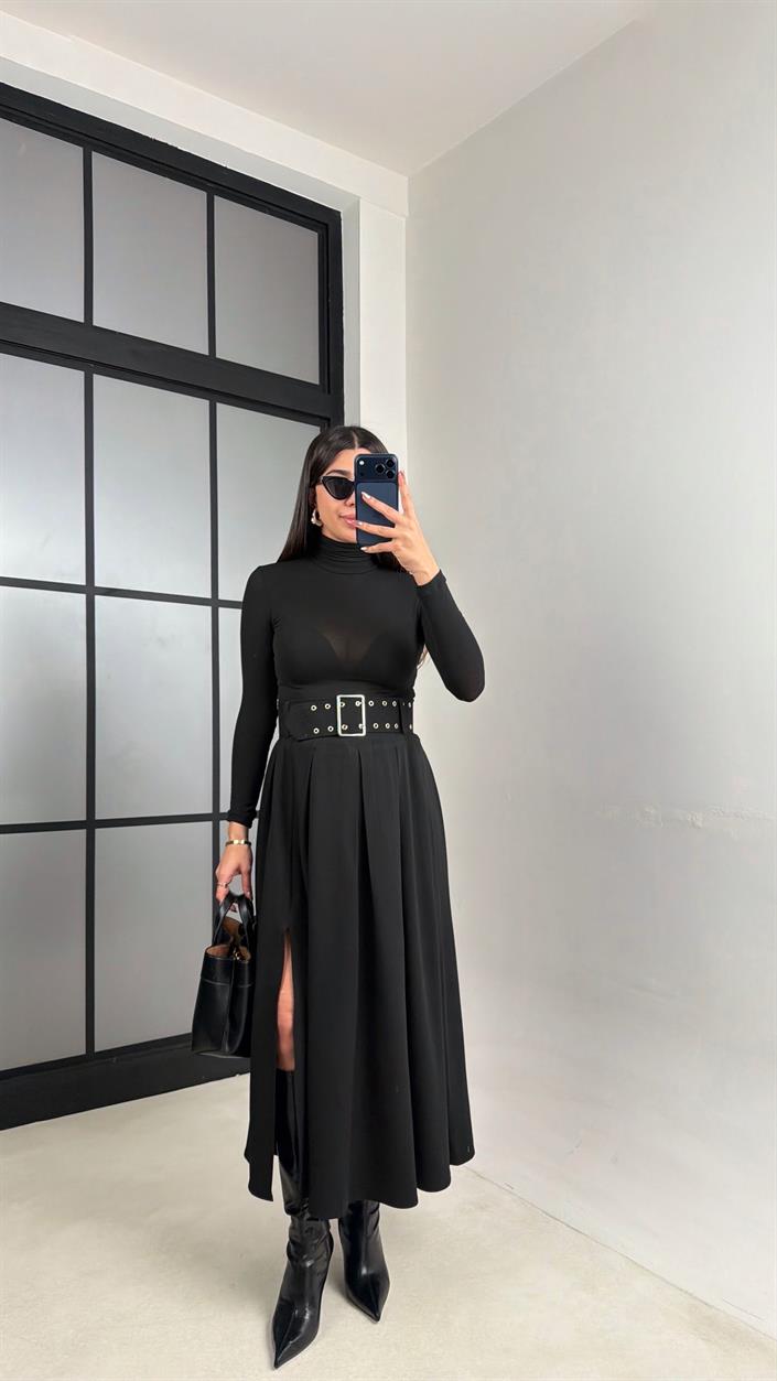 Siyah Yırtmaçlı Kemerli Pinterest Etek GAUS-01068