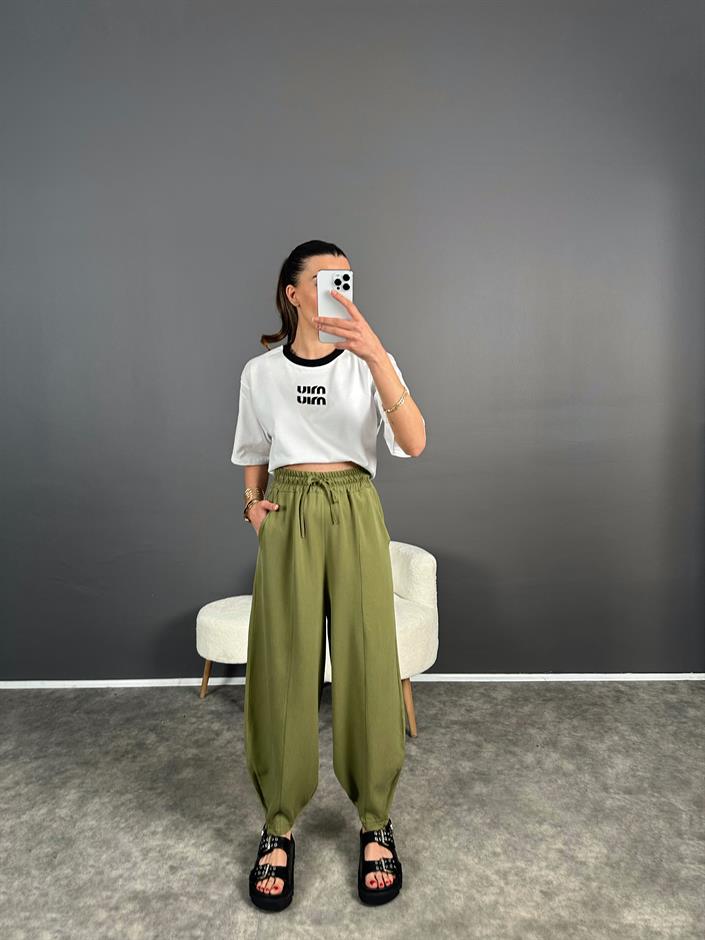 Yeşil Paçası Fermuarlı Şalvar Pantolon