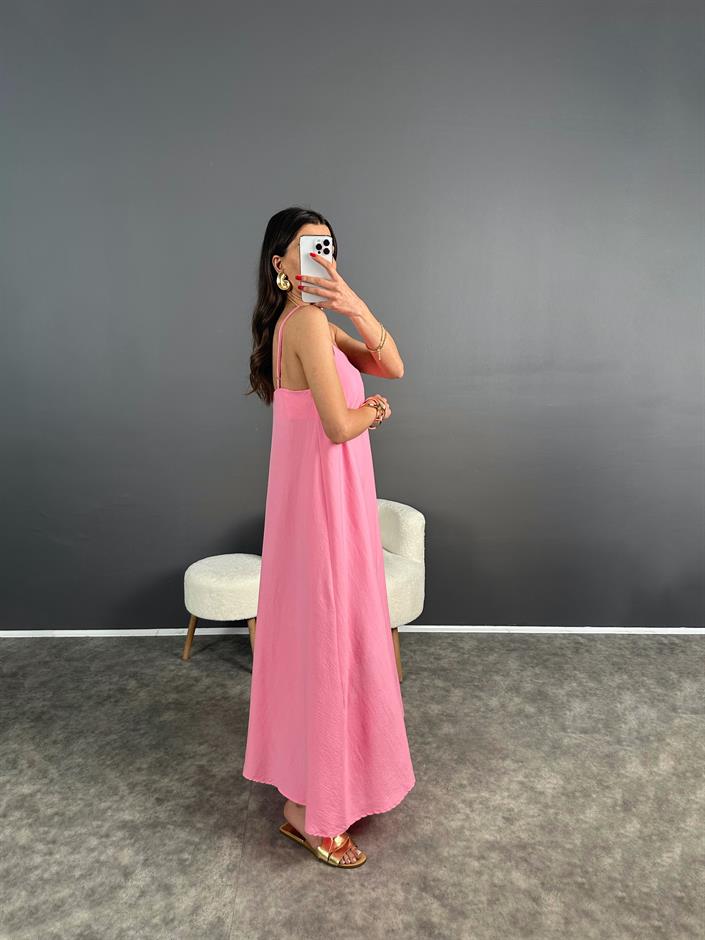 Jamin Pembe İp Askılı Uzun Elbise