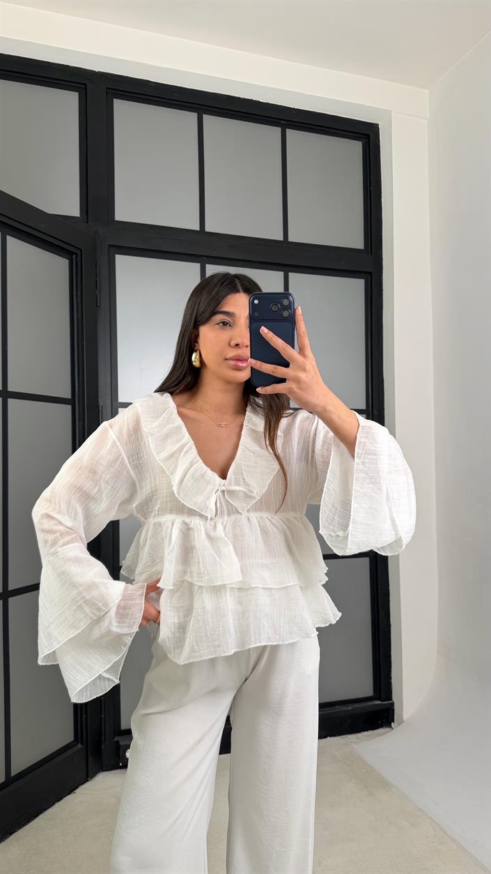 Ekru Fırfır Detaylı Transparan Bluz GAUS-01233