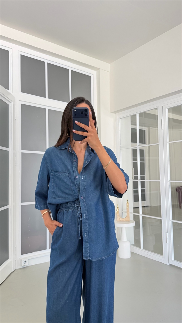 Koyu Mavi Gömlek Beli Lastikli Pantolon İkili Tencel Denim Takım GAUS-01791