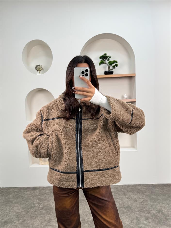 Dash Kahve Deri Şeritli Peluş Biker Mont