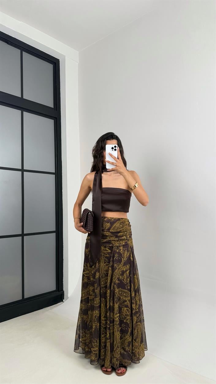 Kahve Gold Desenli Drape Detaylı Astarlı Tasarım Etek Gaus00634